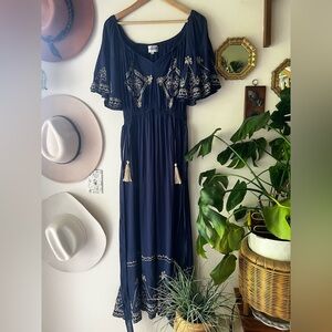 BALI QUEEN‎ boho embroidered Maxi Dress navy blue  Women’s ONE SIZE resort vacay